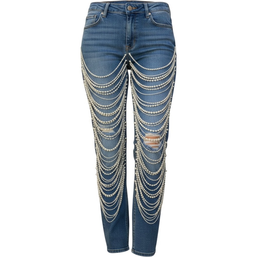 Draped Faux Pearl Embellished Distressed Jeans Medium Wash Denim Straight Leg XL